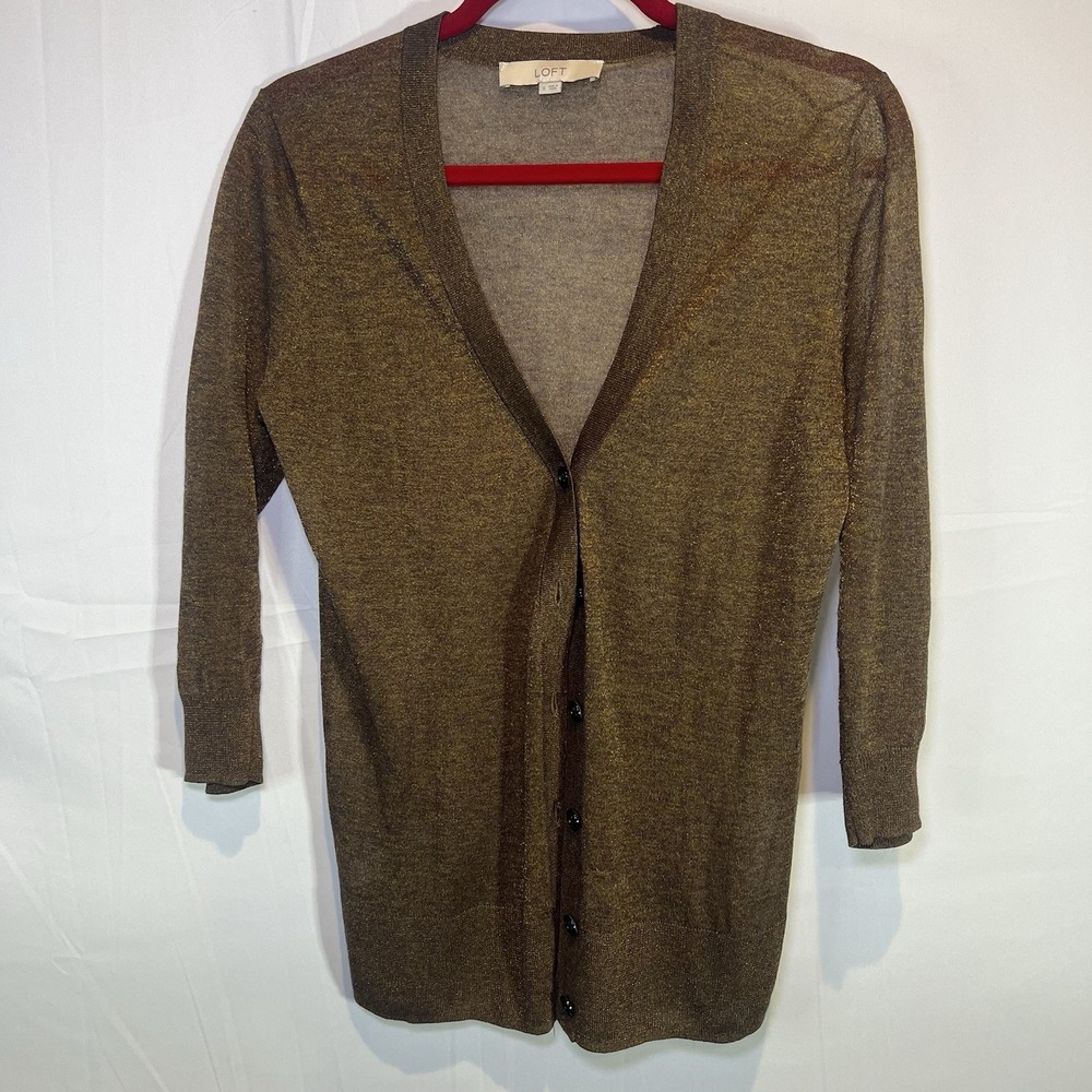 Ann Taylor LOFT Sweater Womens Small Brown Cardigan 3/4 Sleeve Lightweight Soft